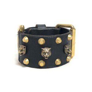Gucci Leather Bracelet Cat Head Black Gold Hardware